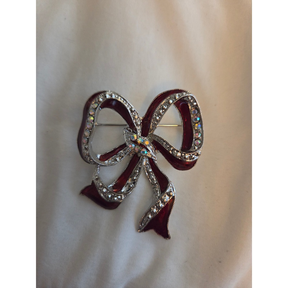 Vintage Red Enamel Bow Brooch Silver Tone Iridescent Rhinestone Ribbon Pin